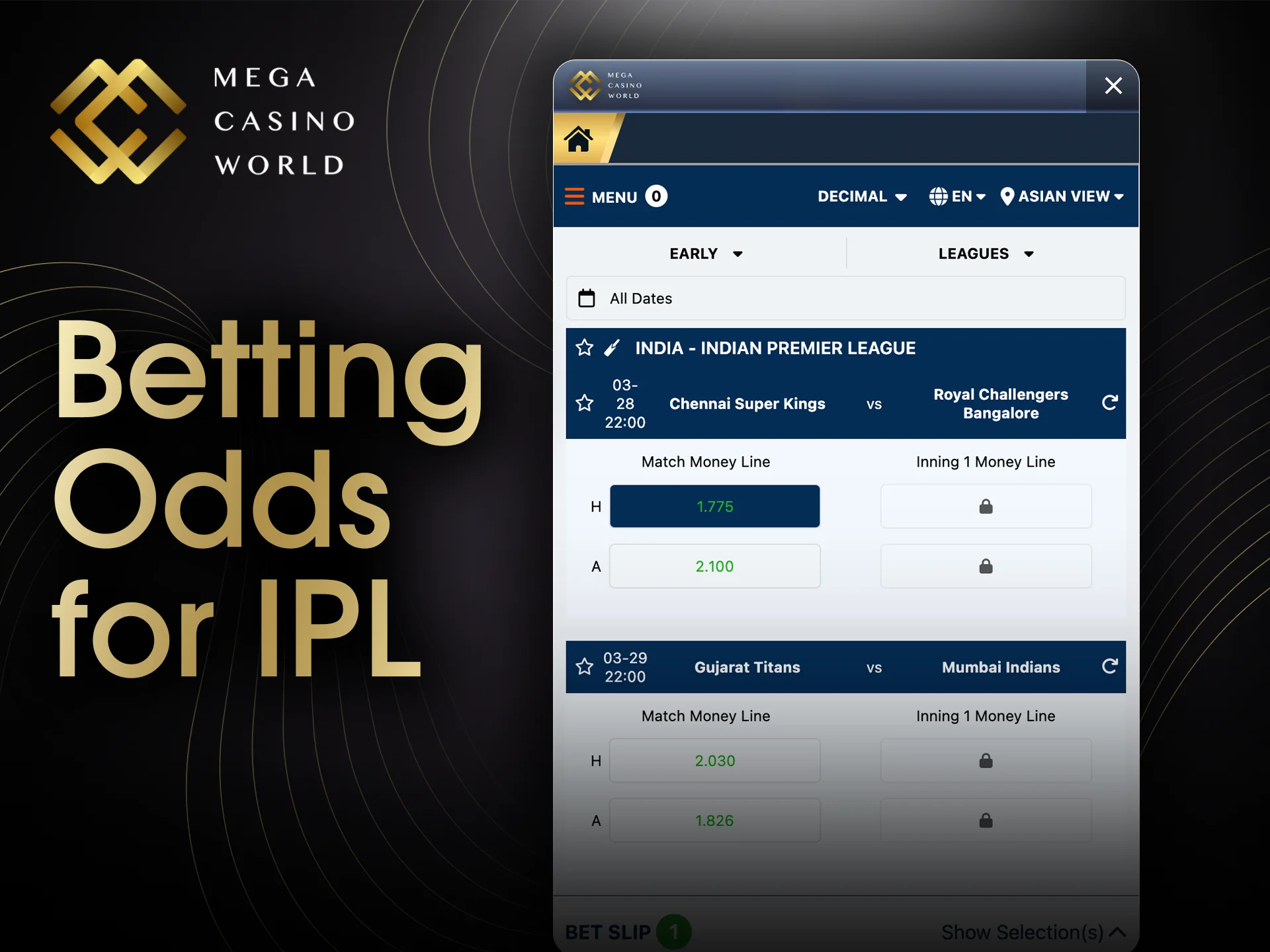 Check out Mega Casino World betting odds for IPL and get ready for big wins.