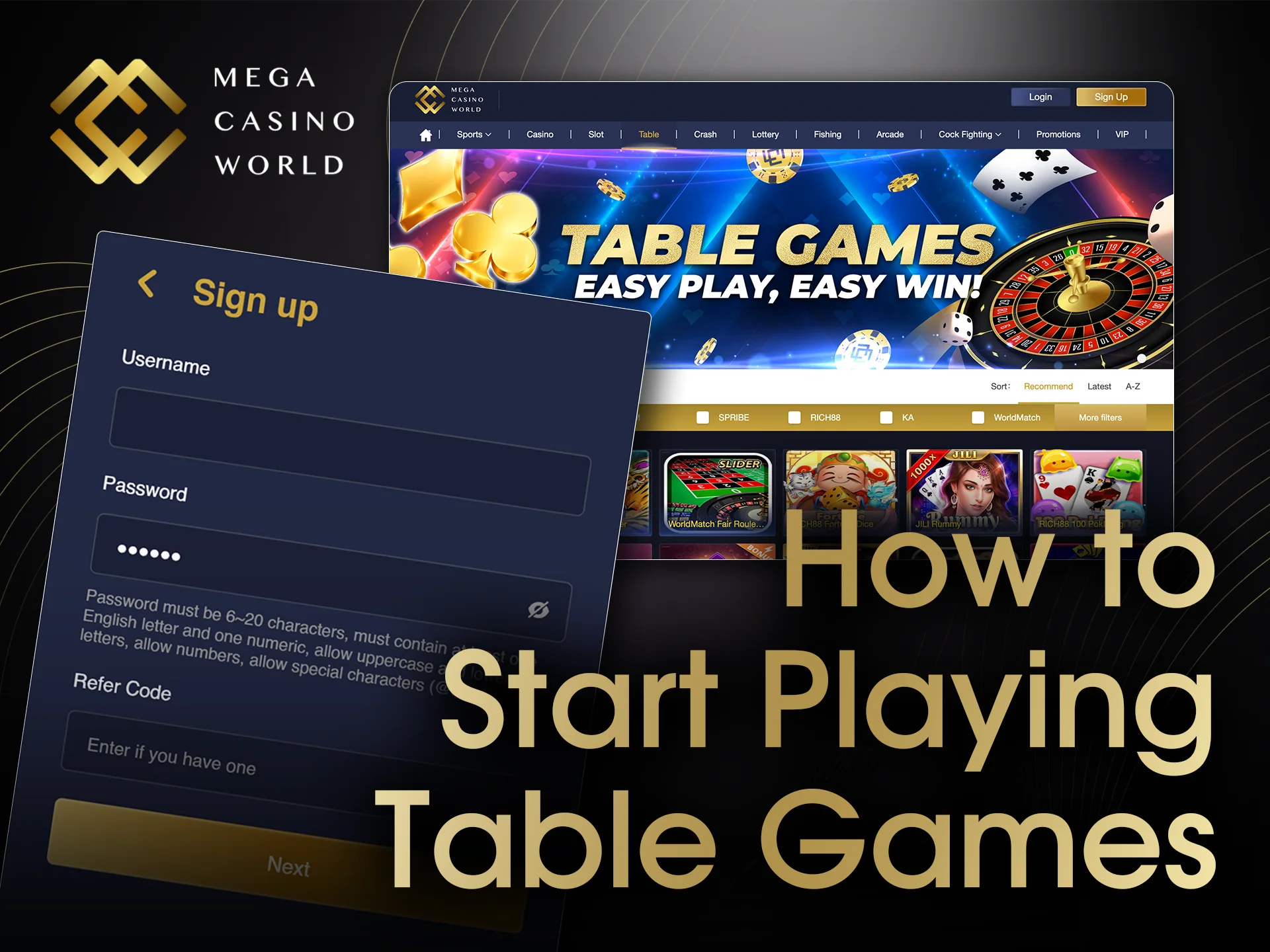 Register and top up your balance to play MCW table games.