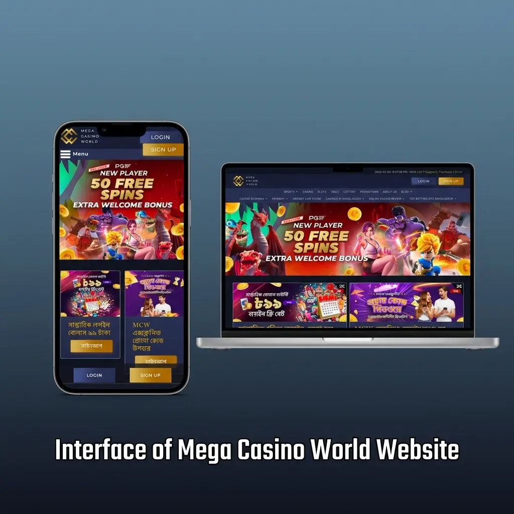 Mega Casino World website interface showing top navigation bar with Sports, Live Betting, Casino, Promotions and account panel links