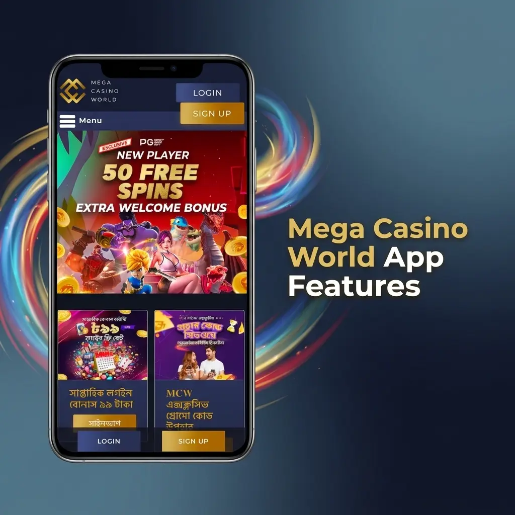 Mega Casino World app features for Indian bettors including sports betting, live casino, slots, and Indian payment methods