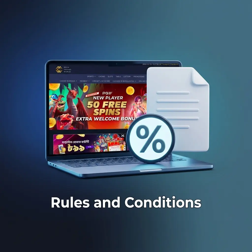 Mega Casino World rules covering age restriction, one account policy, bonus terms, accurate registration, and prohibited activities