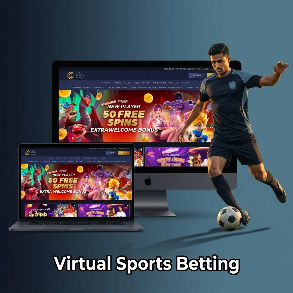 Virtual sports betting on Mega Casino World featuring simulated cricket, football, horse racing and basketball for Indian players